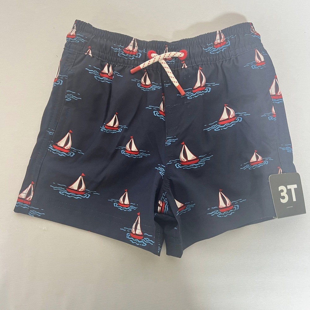 Member's Mark Boys Resort Swim Trunk 3T Navy Sailboat Print UPF 50 Quick Dry